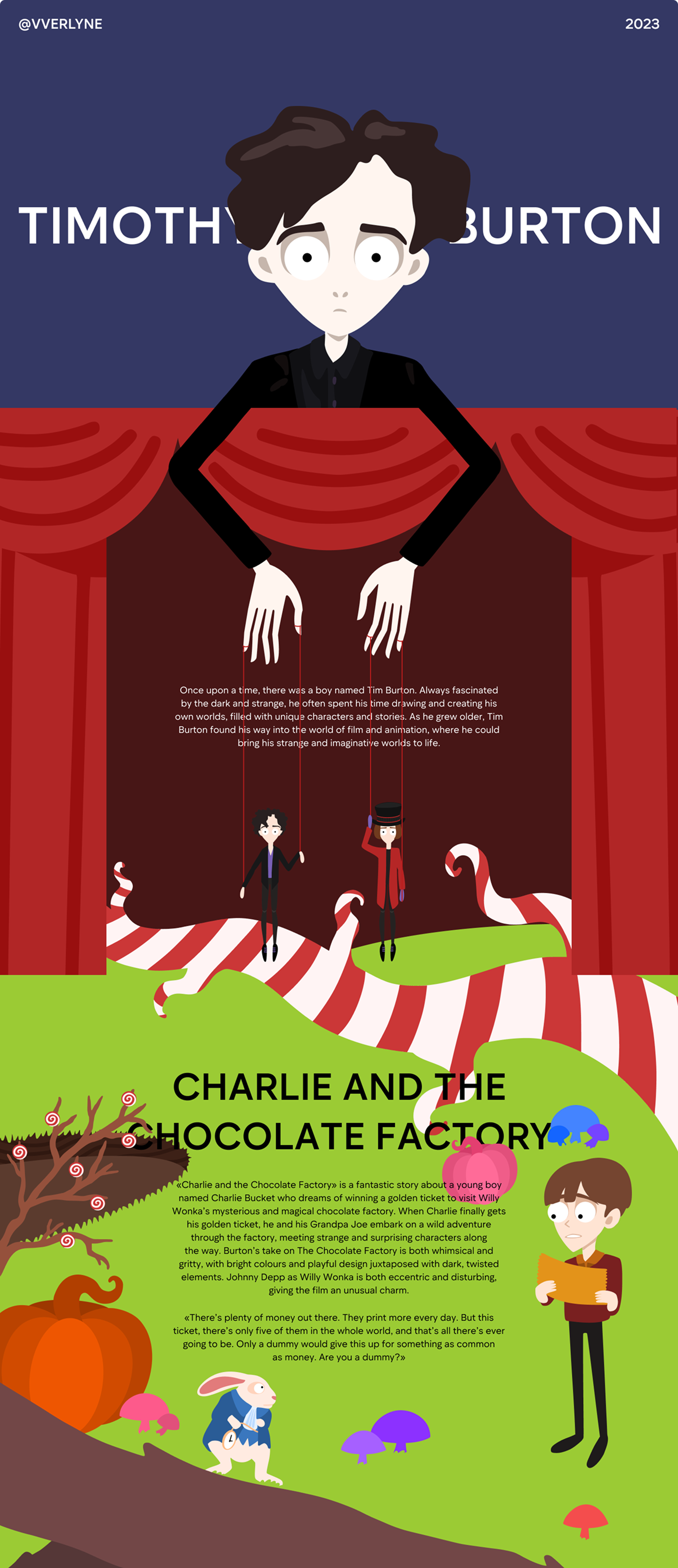 This is a screenshot of my longread design dedicated to Tim Burton's work (part 1)