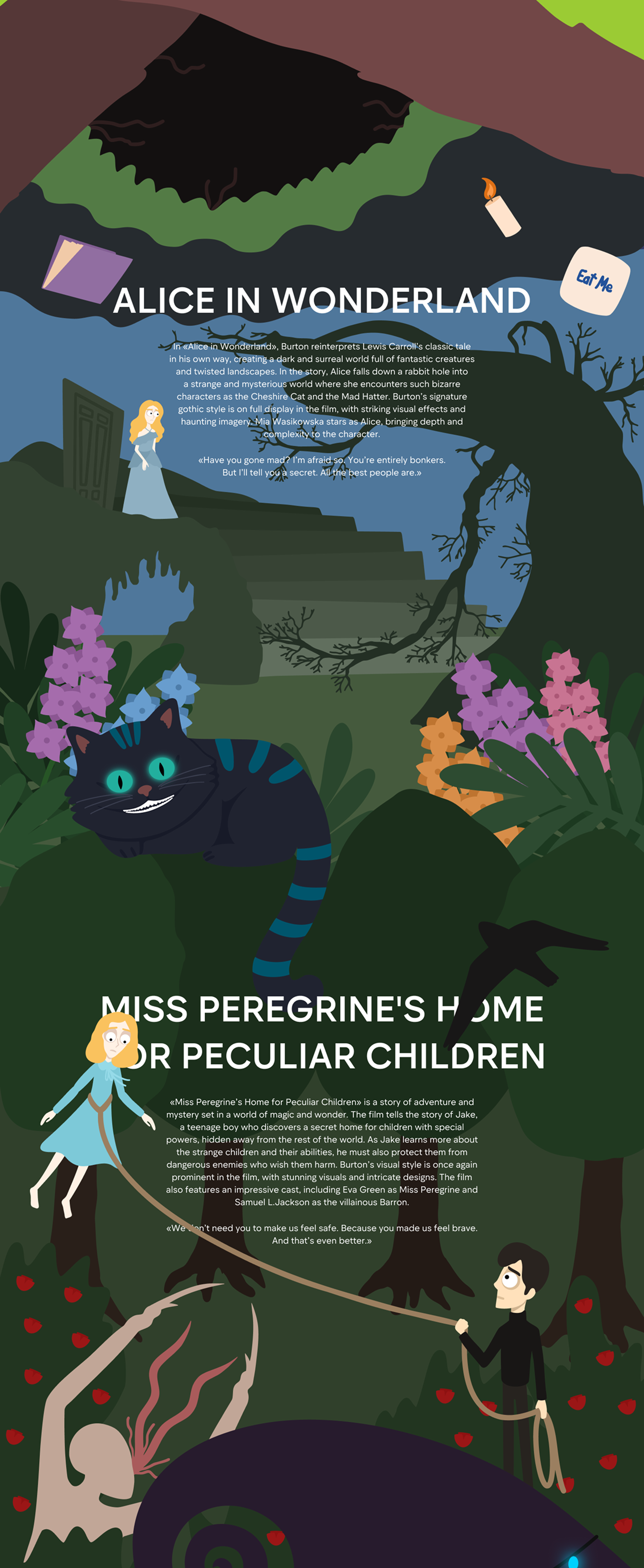 This is a screenshot of my longread design dedicated to Tim Burton's work (part 2)
